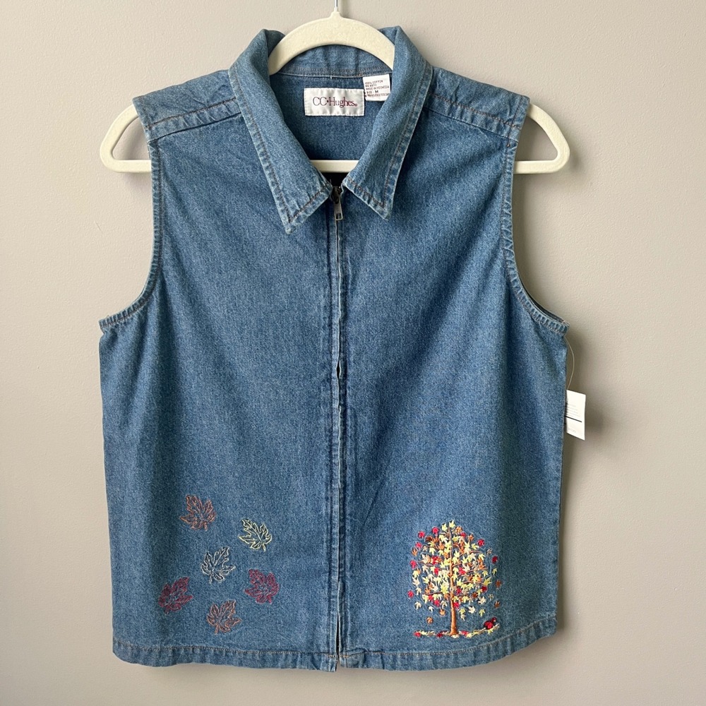 Vintage Vest Top Women's Medium New NWT Blue Denim Tree Leaves Embrodiery Fall